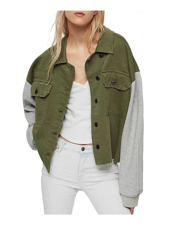 All Saints Jackets & Blazers - AllSaints Women’s M/L Morten Mixed Media Denim Army Jacket Khaki Green Gray